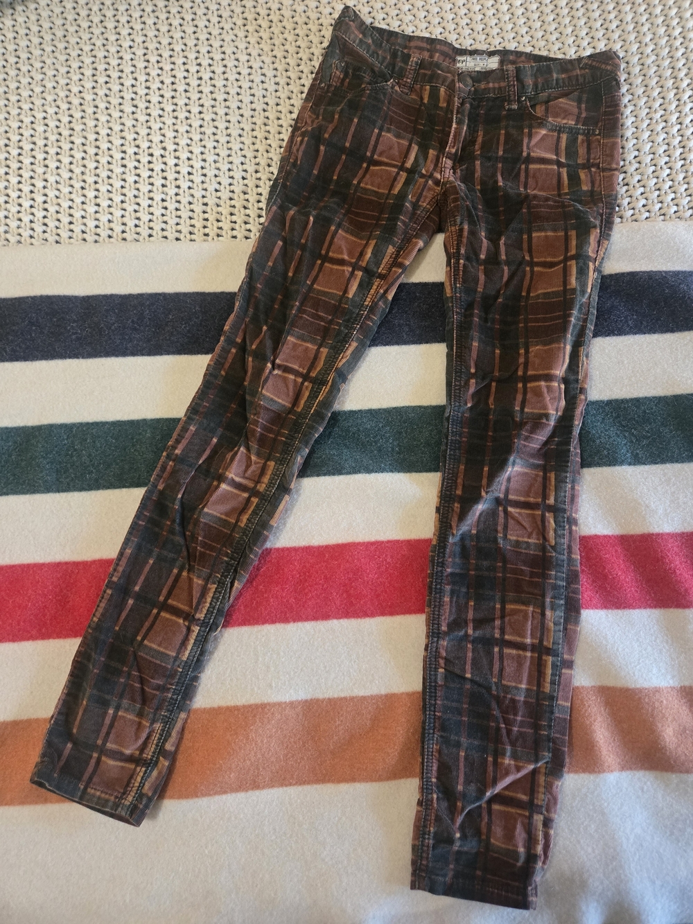 Free People Plaid Skinny Jeans in Rust, Brown, and Black